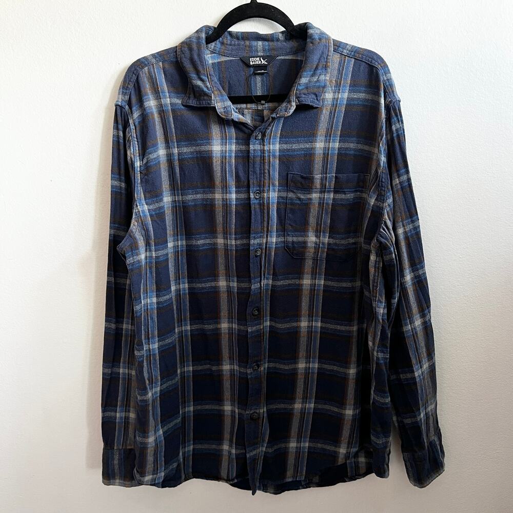 Eddie Bauer Men's Blue Plaid Long Sleeve Button Down‎ Flannel Shirt XL